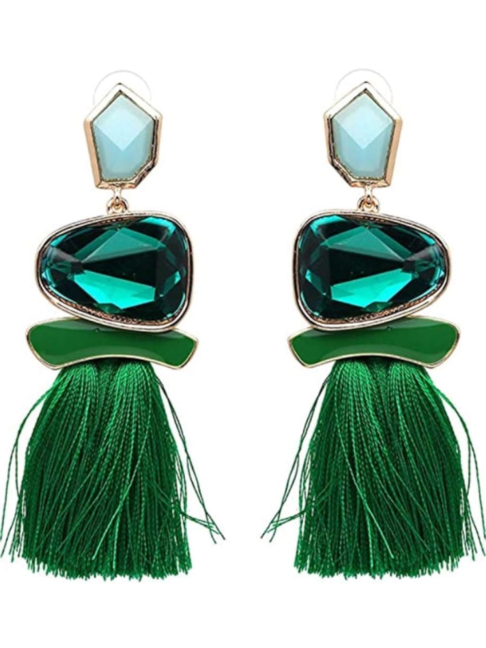 Emerald Green Crystal Tassel Statement Earrings Boho Glam
